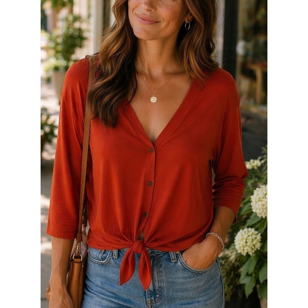 Green Envelope Women Top Rust Orange Medium Tie Front Button V-Neck 3/4 Sleeve